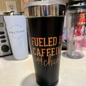 Mom Life Must Haves black fueled by caffeine and chaos tumbler